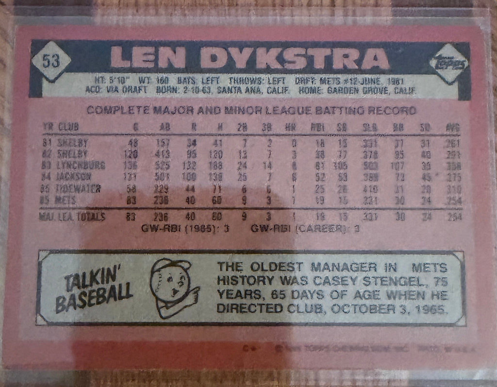 1986 Topps Len Dykstra